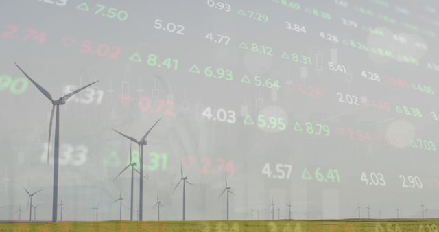 Image of financial data processing over wind turbines. Global wind energy, environment, business, computing and data processing concept digitally generated image.
