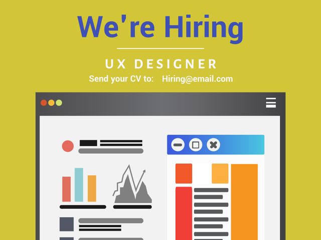 Advertisement targets UX designers, promotes job vacancy, ideal for use on websites, digital job boards, social media. Bright colors, eye-catching design elements appeal to creative professionals looking for new opportunities.