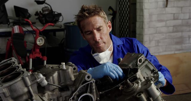 Experienced mechanic focuses intently on repairing car engine in professional workshop. Wearing blue protective overalls and gloves, he handles engine parts with care. This image can be used for automotive repair businesses, technical training materials, and articles on car maintenance.