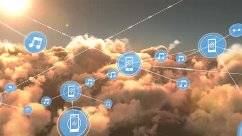 Digital Network of Data Icons Against Cloudy Sky at Sunset