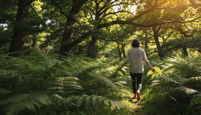 Barefoot man walking through sunlit fern woodland trail brushing lush green leaves