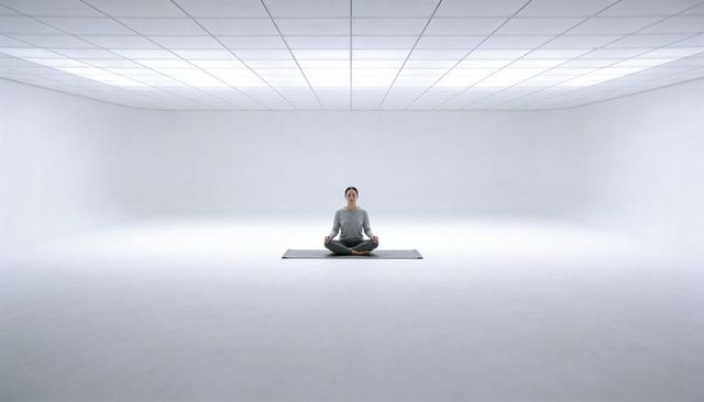 Meditating woman centered on yoga mat in minimalist white studio under grid lights