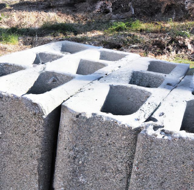 Piled concrete blocks on outdoor construction site surrounded by soil and grass. Useful for construction and building-related projects, illustrating raw materials in construction, or background for architecture and building industries.