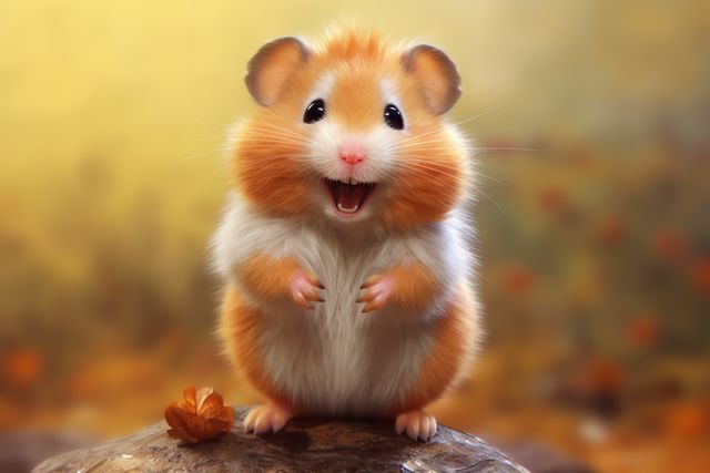 This image shows a cute hamster standing up in an autumn setting with golden leaves. Ideal for use in pet care promotions, seasonal marketing, children’s books, decor items, and nature-themed content.