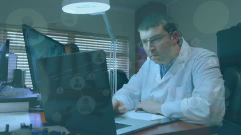 Scientist Analyzing Data on Laptop in Laboratory with Technology Overlay