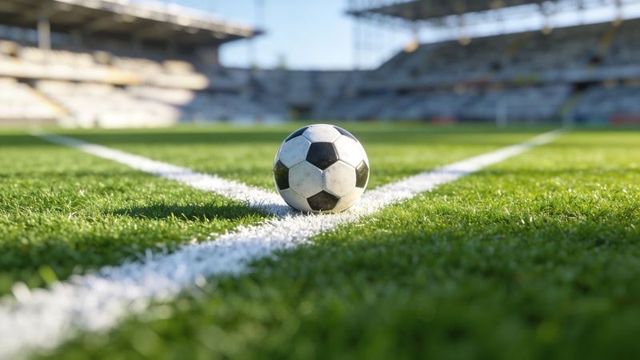 Soccer ball sitting on turf at corner line in sunny empty stadium with blurred stands