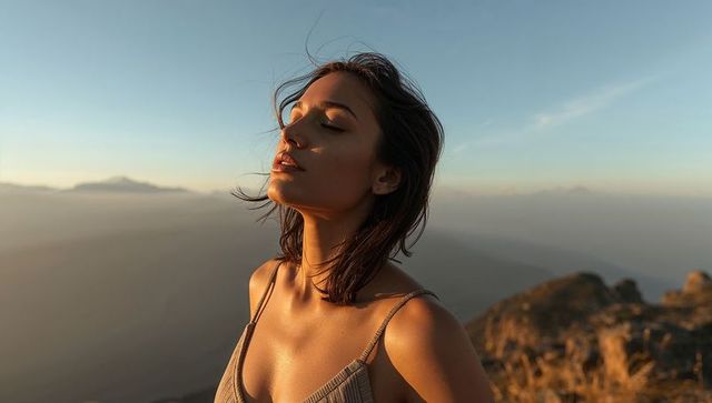 Woman standing mountain ridge golden hour eyes closed summit solitude warm sunset glow