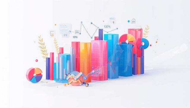 Displaying colorful 3d data visualization with glossy bar charts, cylinders, pie charts