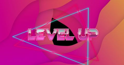 Retro 'Level Up' Text with Neon Geometry on Abstract Background