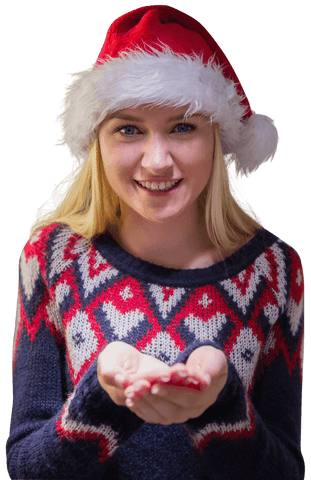 Festive blonde in santa hat with outstretched transparent hands