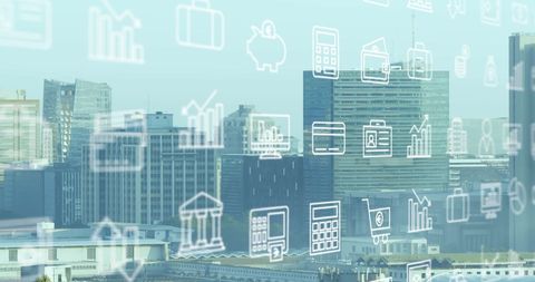 Digital finance icons overlay urban skyline