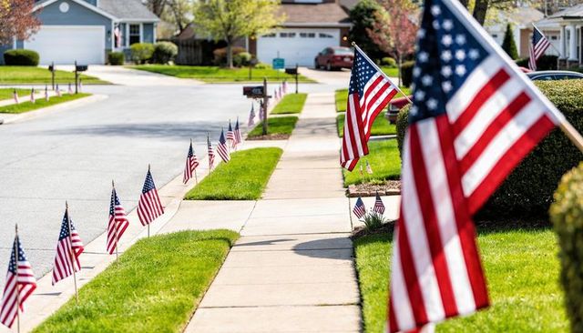 Suburban sidewalk lined with american flags fluttering in patriotic neighborhood display