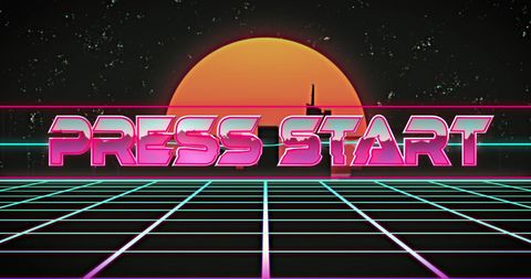 Retro gaming start screen with neon text and grid