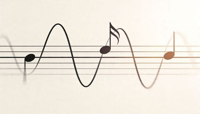 Flowing musical waveform weaving across five-line staff with three notes, minimalist rhythm