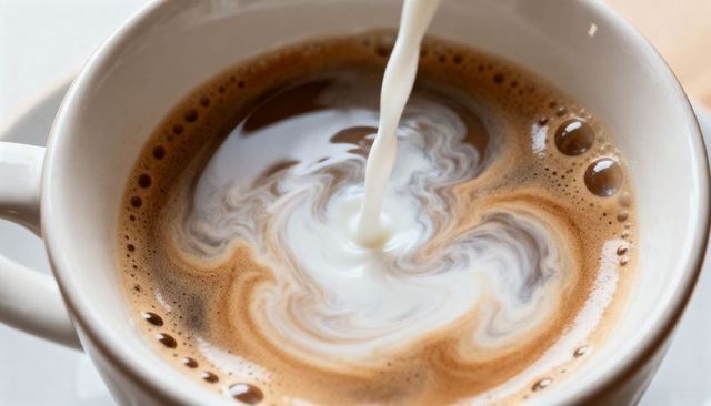 Pouring milk creating marbled swirls in coffee cup close-up for latte art branding