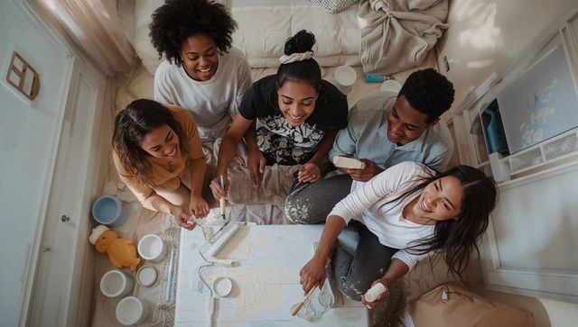 Friends painting wooden tabletop together in cozy bedroom diy craft and teamwork session