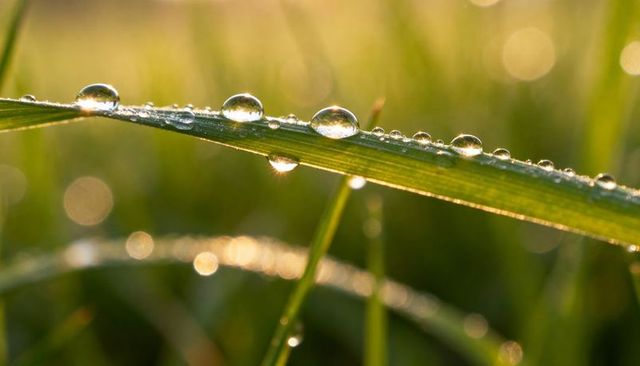 Sunlit dew droplets lining grass blade at sunrise macro with golden bokeh glow
