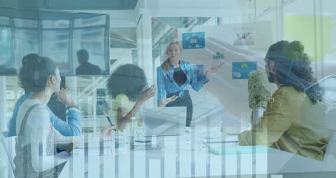 Diverse Team Discussing Strategies Amid Digital Data Overlay