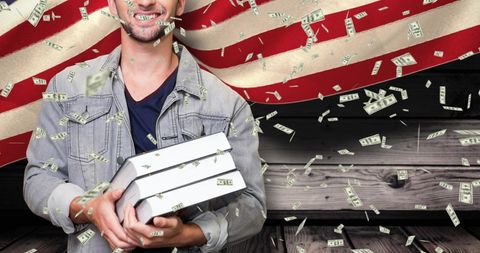 Smiling Student Celebrating Success with Flying Dollars Against American Flag