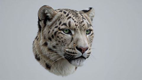 Floating realistic snow leopard head with spotted fur and green eyes