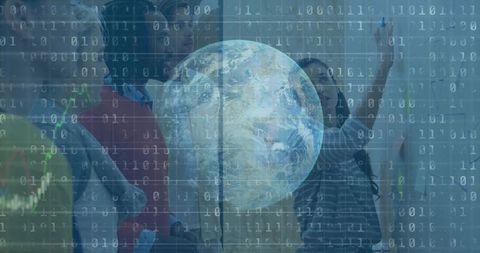 Team Collaborating on Glass Whiteboard with Data and Earth Overlay