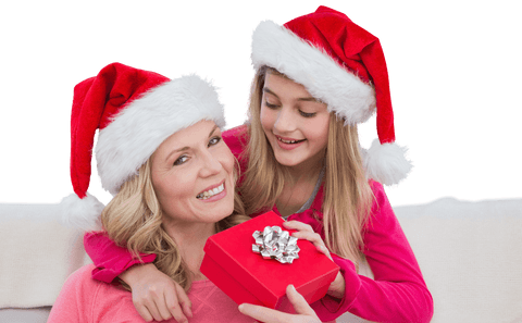 Smiling Mother and Daughter in Santa Hats on Transparent Background