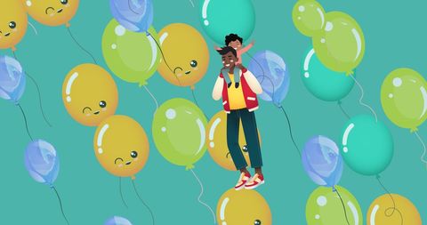 Father Carrying Son Surrounded by Colorful Balloons on Blue Background - Download Free Stock Images Pikwizard.com
