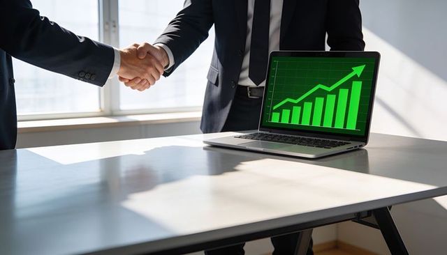 Business partners shaking hands beside laptop displaying green bar chart with upward arrow