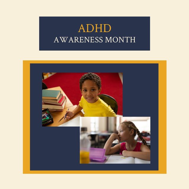 Composition of adhd awareness month text over diverse schoolchildren learning. Global education and adhd awareness month concept digitally generated image.