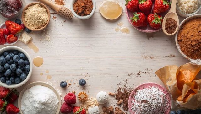 Overhead flatlay fresh berries, cocoa, baking ingredients framing empty wooden prep space