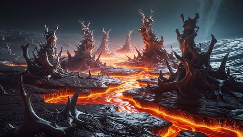 Molten lava river on volcanic landscape with jagged spires