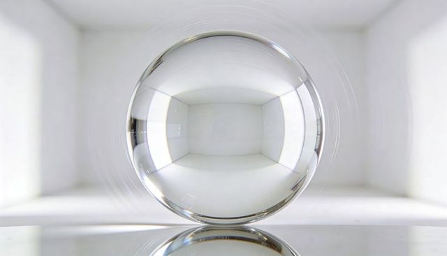 Crystal glass sphere resting on glossy surface refracting white cube studio interior