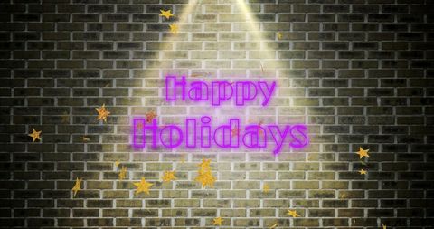 Festive Happy Holidays Text with Falling Stars and Brick Wall