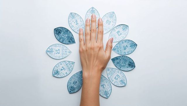 Placing right hand on circular blue numeric paper petals flatlay for data and ai concept