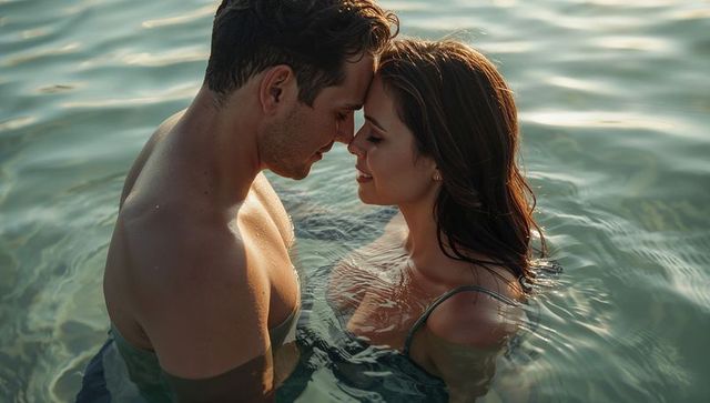Couple touching foreheads in sunlit sea during golden hour, romantic intimate embrace