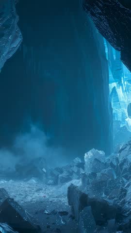 Vertical video: Blue light filtering through glacial cavern walls with mist and jagged ice