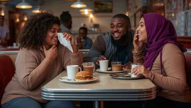 Friends laughing over coffee in retro diner, woman wearing purple hijab, nostalgic vibe