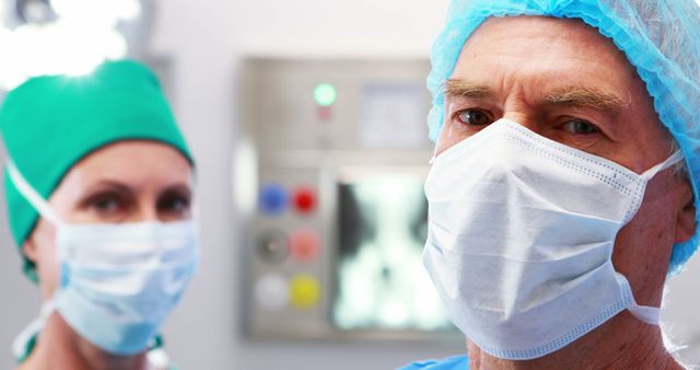 Doctors or surgeons wearing masks and scrubs, depicted in a surgical room or hospital environment. Ideal for use in healthcare, medical blogs, articles on surgery, hospital promotions, and educational materials related to medical field and surgical procedures.