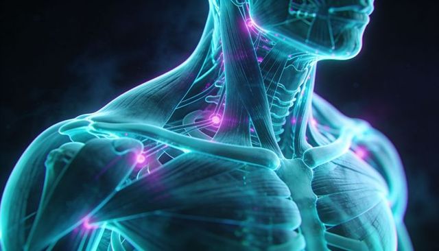 Holographic Neck and Shoulder Musculoskeletal Anatomy with Glowing Neural Nodes
