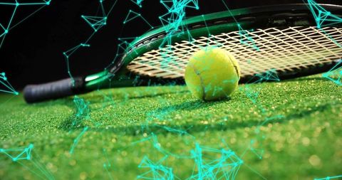 Futuristic overlay on tennis equipment on synthetic grass