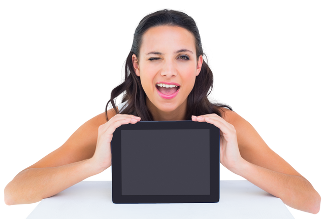 Smiling Brunette Woman with Tablet on Transparent Background - Download Free Stock Videos Pikwizard.com