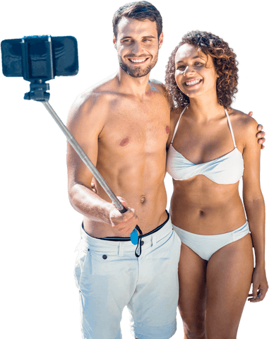 Happy couple in beachwear taking selfie transparent background
