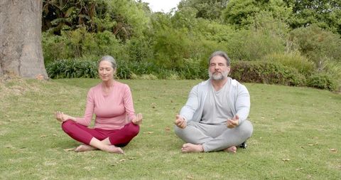 Senior Couple Meditating on Grass in Serene Park
