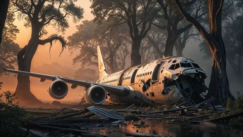 Abandoned plane crash wreck in lush swamp forest clearing