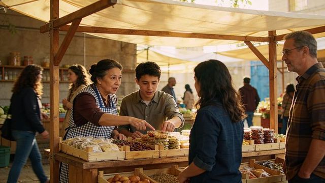 Senior vendor pointing while teen helper arranging jars at busy farmers market stall