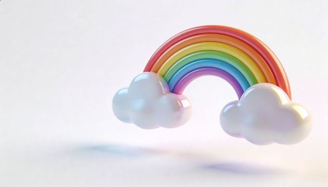 Floating pastel rainbow arching through glossy clouds casting soft shadows on pale surface