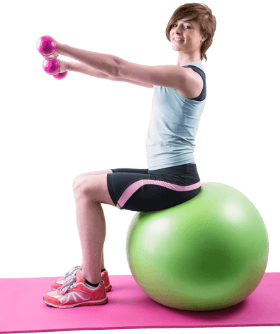 Brunette Exercising with Dumbbells on Transparent Fitness Ball