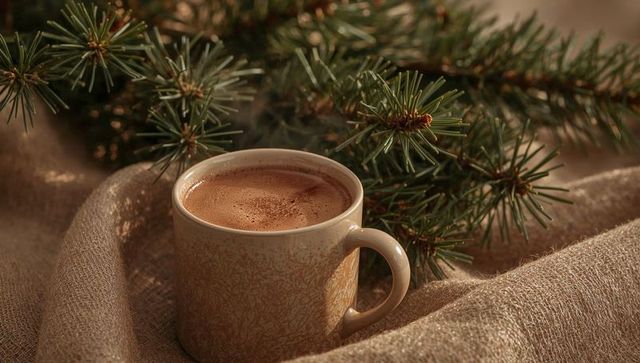 Frothy hot cocoa in ceramic mug with pine sprigs on woven burlap evoking cozy winter mood
