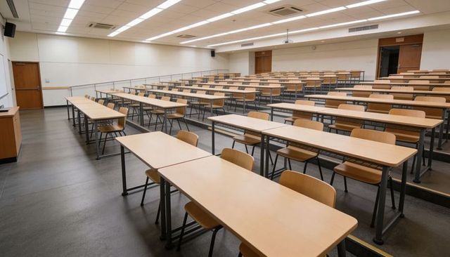 Empty University Lecture Hall with Tiered Seating and Long Wooden Desks, Modern Campus