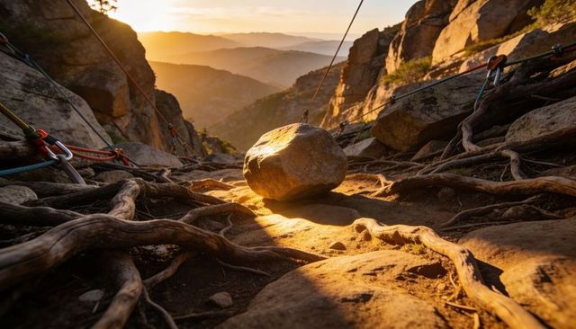 Sunlit rounded boulder resting on rocky ledge with climbing anchors and roots at sunset
